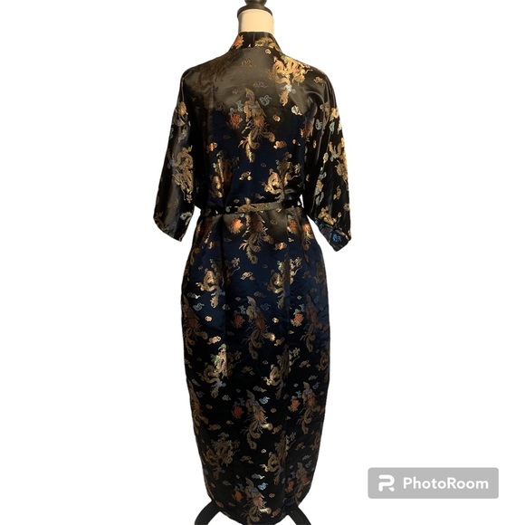 Lotus Black Kimono Full Length Robe with Pockets and Waist Tie - Picture 2 of 14